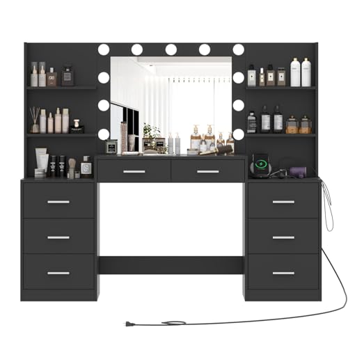 Large Vanity Desk with Mirror and Lights, White Makeup Vanity with Power Outlet, 8 Drawers U4403