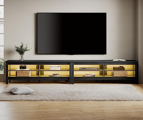 LED TV Stand for 100 Inch TV, Wood Entertainment Center for 80 85 90 inch TV Console Table with 6 Cubby Storage for Living Room Bedroom, White