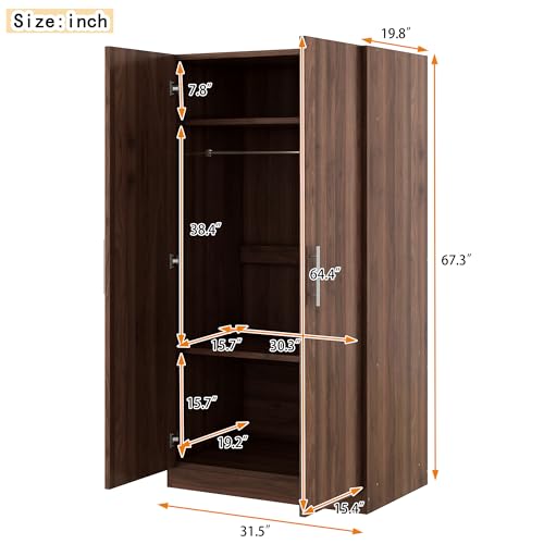 4 Door Wooden Wardrobe Closet with 2 Drawers and Hanging Rod Shelf V371