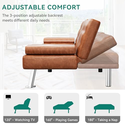 Futon Sofa Bed with Removable Armrests and Cup Holders, Black F343081
