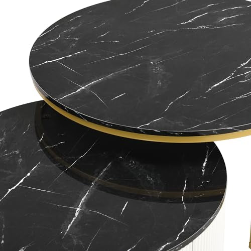 Round Nesting Coffee Table with Drawer, White & Gold N86769