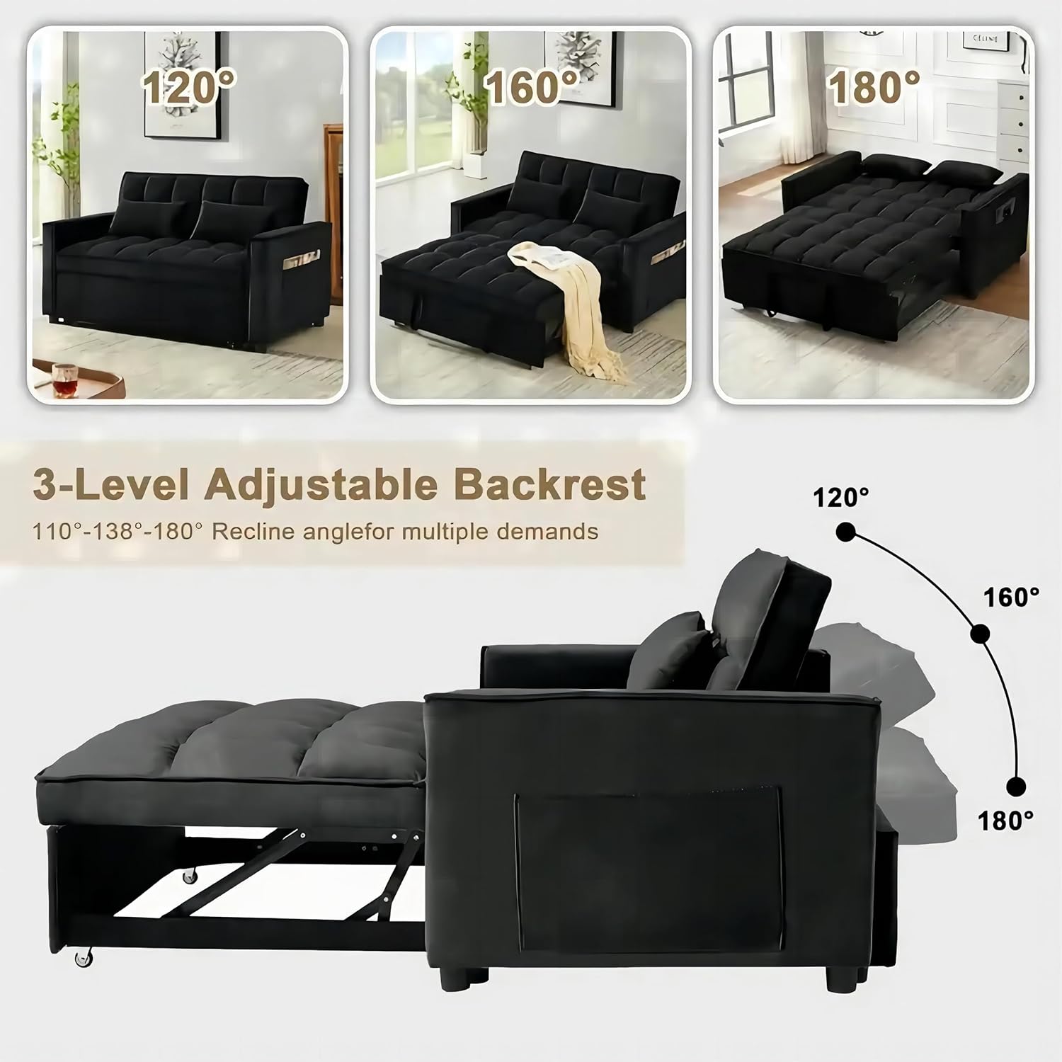 3 in 1 Convertible Sleeper Sofa Bed with Velvet Chaise and Pillows C944809