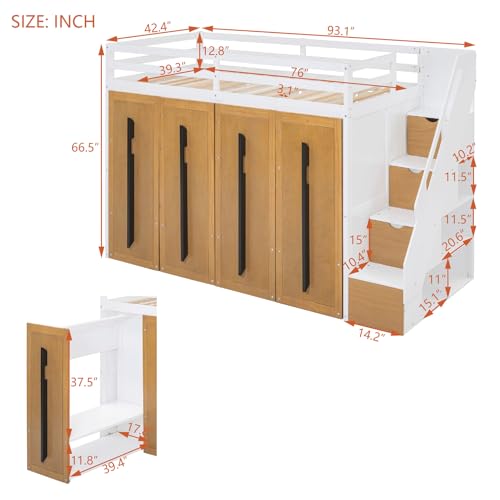 Twin Size Loft Bed with Two-Tone Stairs Storage and Full-Length Guardrails C8237