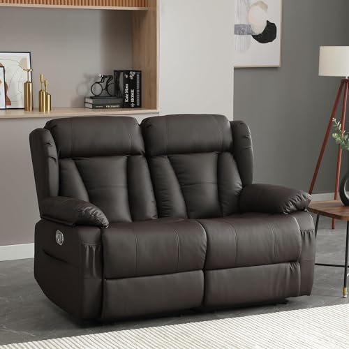 AHMED Home Theater Seating, Recliner Chair with USB Ports and Cup Holders, Faux Leather Recliner Sofa Set with Hidden Arm Console Storage, Ambient Lighting, Black