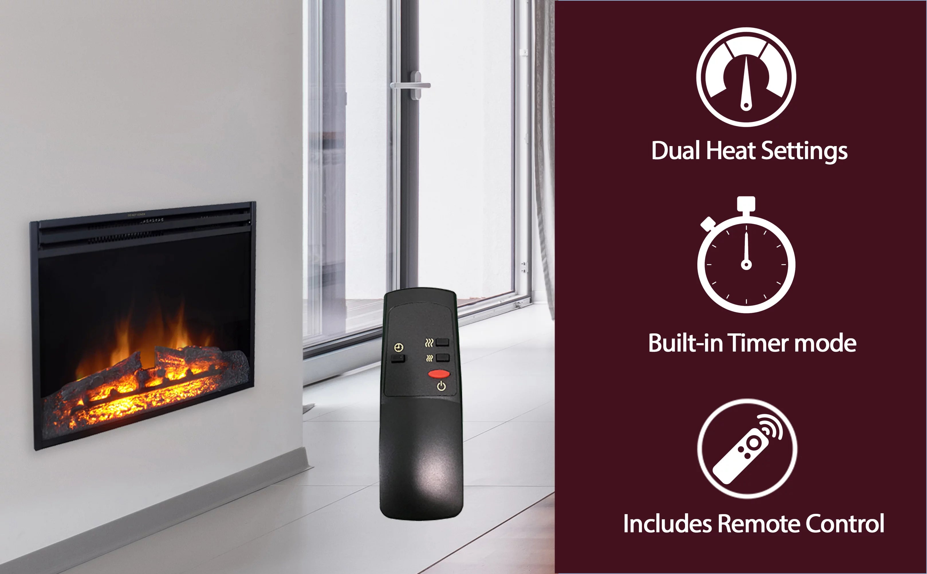 27-In. Freestanding Electric Fireplace Heater with Remote Control and Timer H2475
