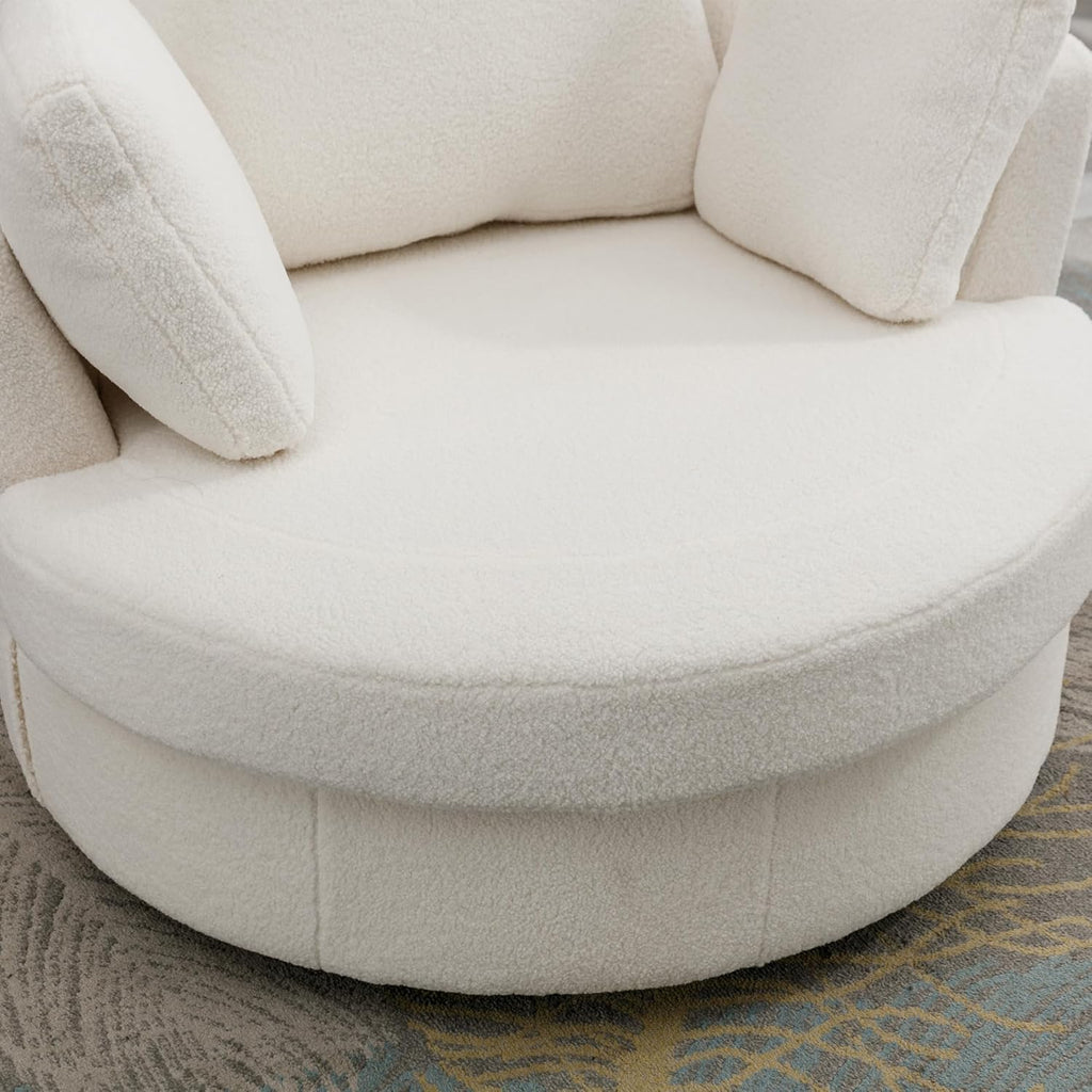 Swivel Accent Barrel Chair with 3 Pillows, Ivory Sherpa U8949
