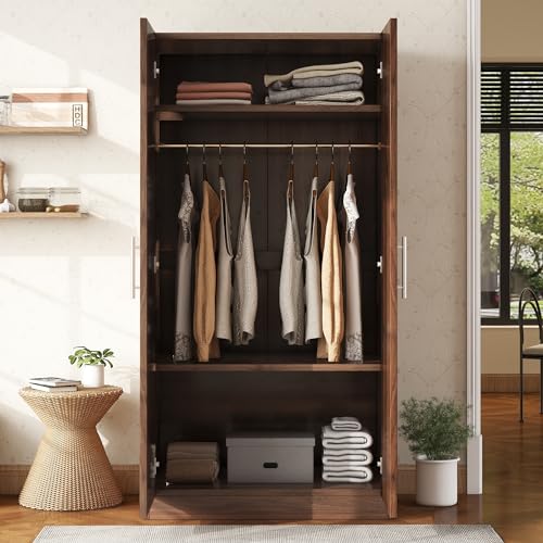 4 Door Wooden Wardrobe Closet with 2 Drawers and Hanging Rod Shelf V371
