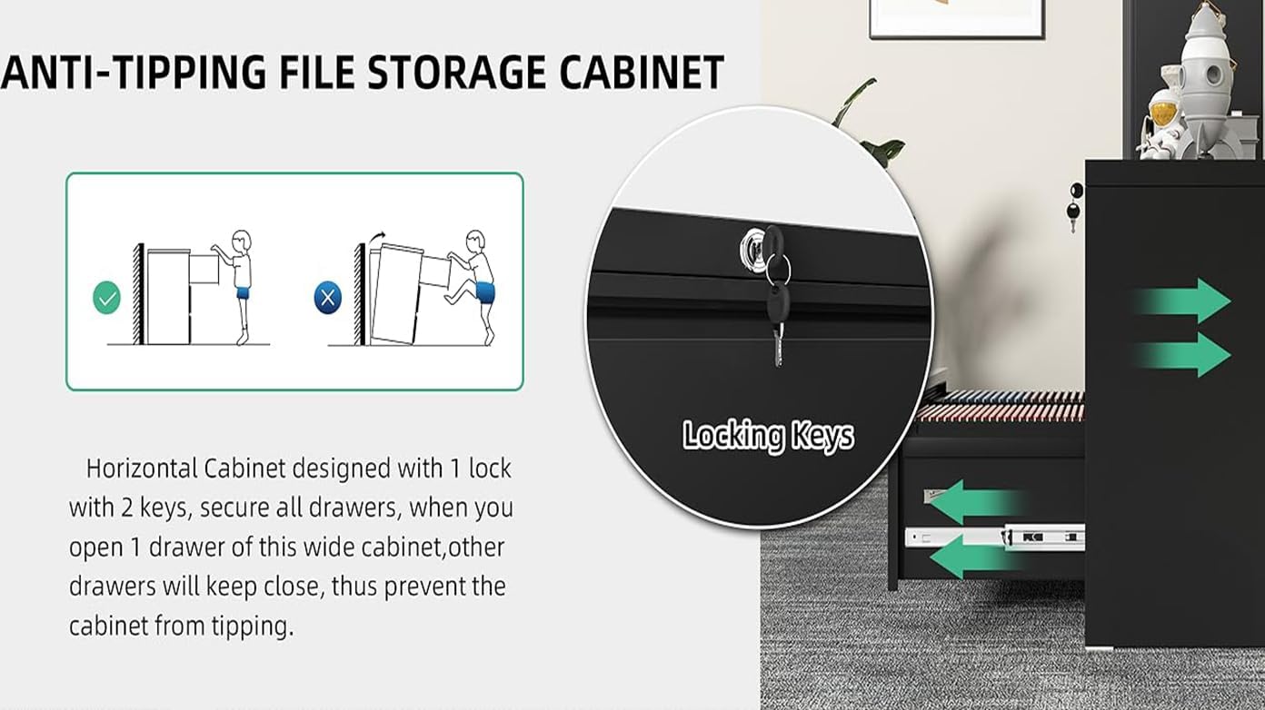 3 Drawer Lateral File Cabinet with Lock for Home Office, Black H9896