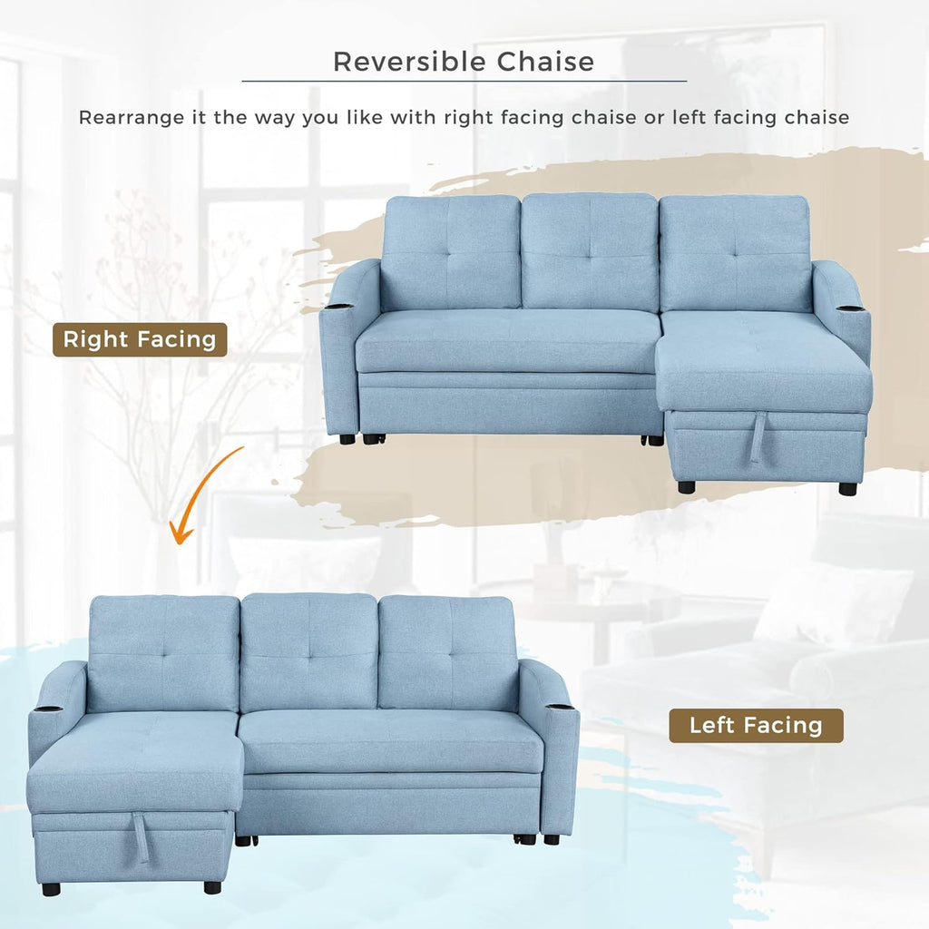 L-Shape Convertible Sleeper Sofa with Pull-Out Bed and Storage Chaise, Blue O64215