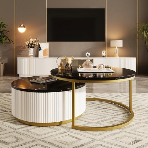Round Nesting Coffee Table with Drawer, White & Gold N86769