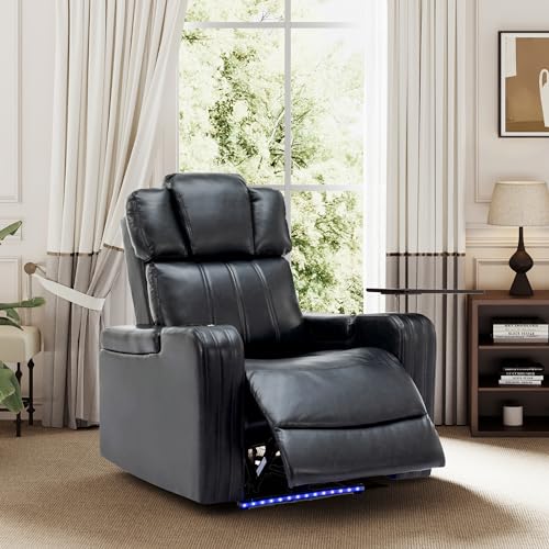 Merax Power Recliner Chairs for Living Room, with Cooling Cup Holder Bluetooth Speaker LED Lights USB Ports Tray Table Storage, Dark Blue