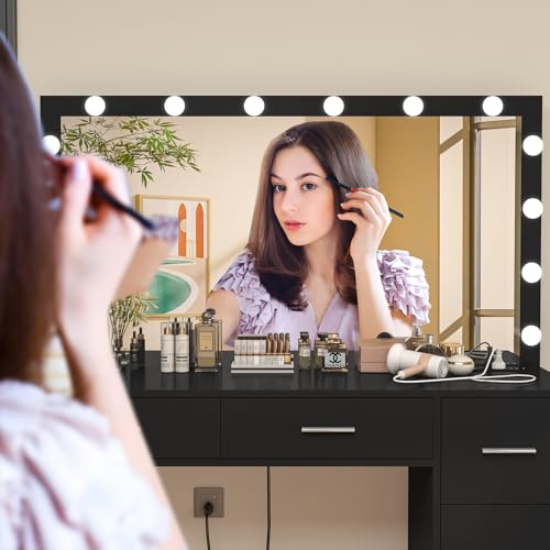 Vanity Desk with Lighted Mirror, 7 Drawers, 3 Lighting Colors, White X572
