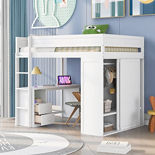 Loft Bed with Storage Wardrobe, Desk and Drawers, White M46168