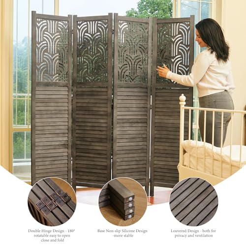 Wood Carved Room Divider, 4 Panel Folding Partition Screen I62007