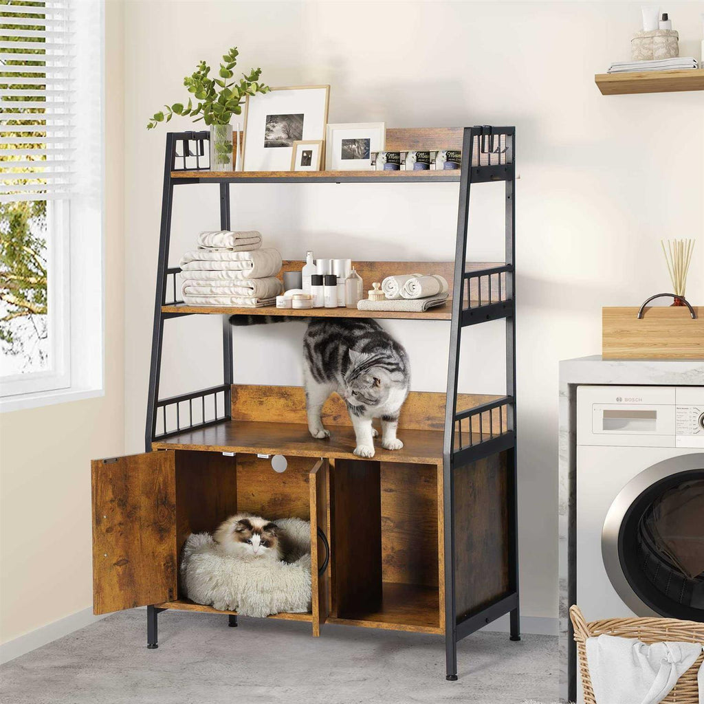 Cat Litter Box Enclosure with Storage Shelves Indoor Wooden Hidden Cabinet I7475