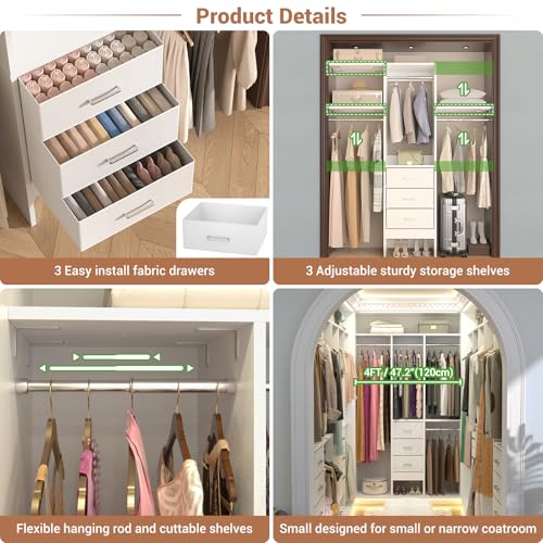 Small Closet Organizer with 3 Fabric Drawers and Adjustable Shelves M3908