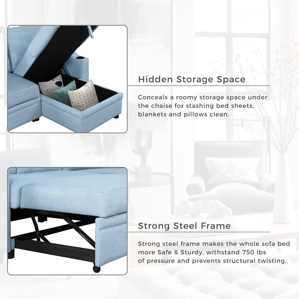 L-Shape Convertible Sleeper Sofa with Pull-Out Bed and Storage Chaise, Blue O64215
