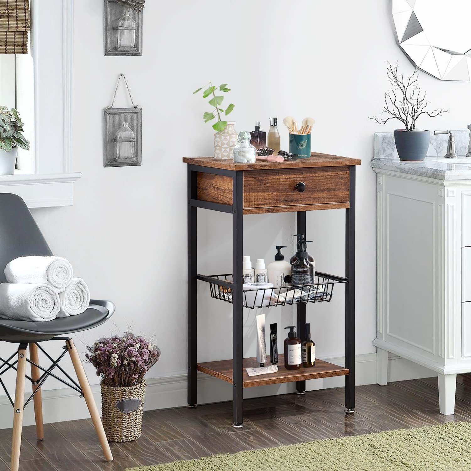 Tall End Side Table with Shelf and Storage Basket, Brown W27090