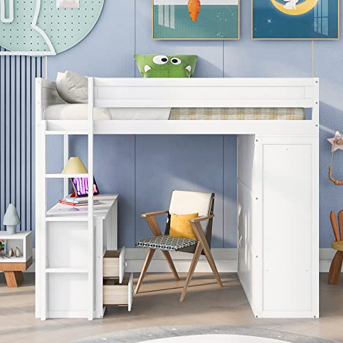 Loft Bed with Storage Wardrobe, Desk and Drawers, White M46168