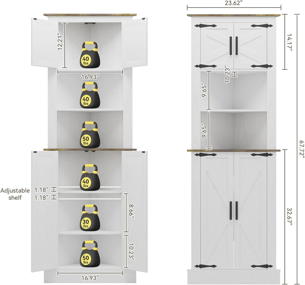 Tall Corner Cabinet, 68" Farmhouse Storage with 4 Barn Doors & Adjustable Shelves G12034