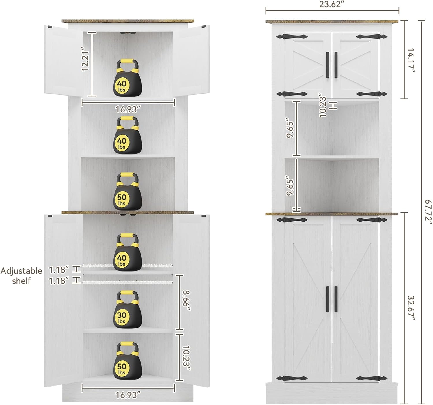 Tall Corner Cabinet, 68" Farmhouse Storage with 4 Barn Doors & Adjustable Shelves G12034