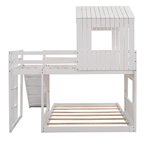 Twin Over Full Bunk Beds with Slide, Roof and Guard Rail, Wooden, White N48341