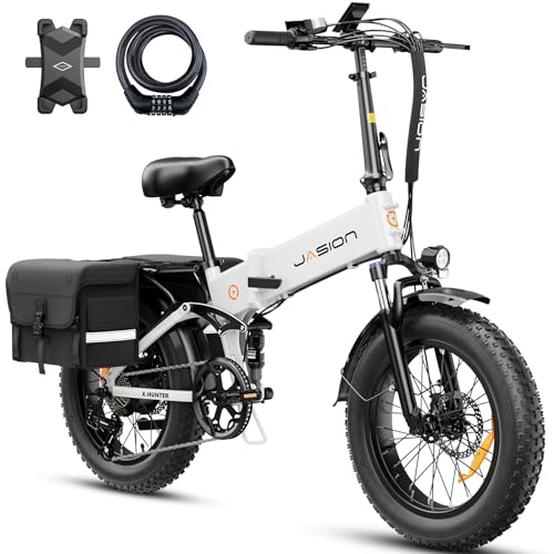 Jasion X-Hunter Electric Bike for Adults,1400W Peak Motor 30MPH Max Speed,624WH Removable Battery Full Suspension 20 * 4.0 Fat Tire Foldable Ebike, 7-Speed Bicycles,with Saddle Bag and Lock
