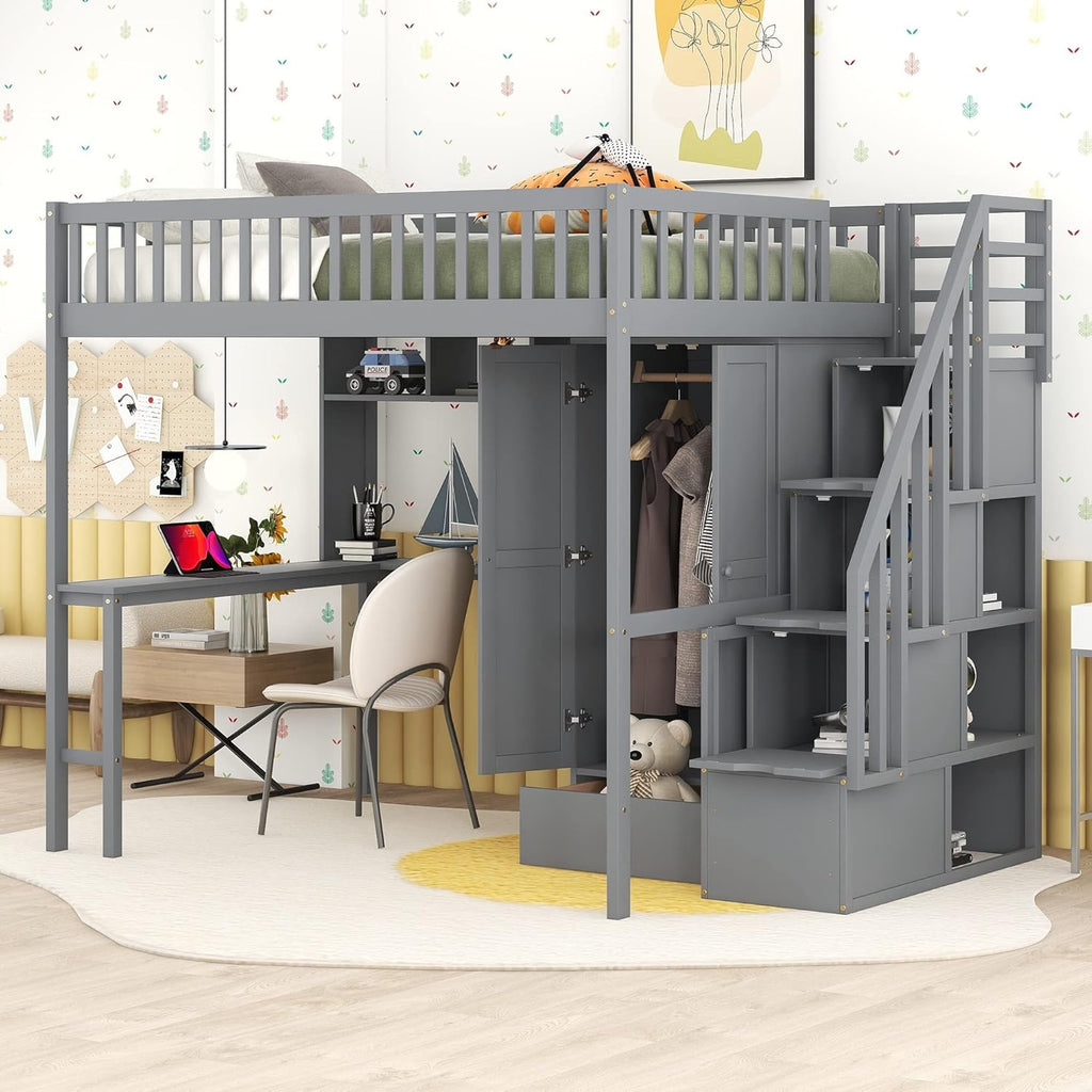 Full Size Loft Bed with Stairs, Desk, Bookshelf, Storage Drawers and Wardrobe, Solid Wood Frame Y463750