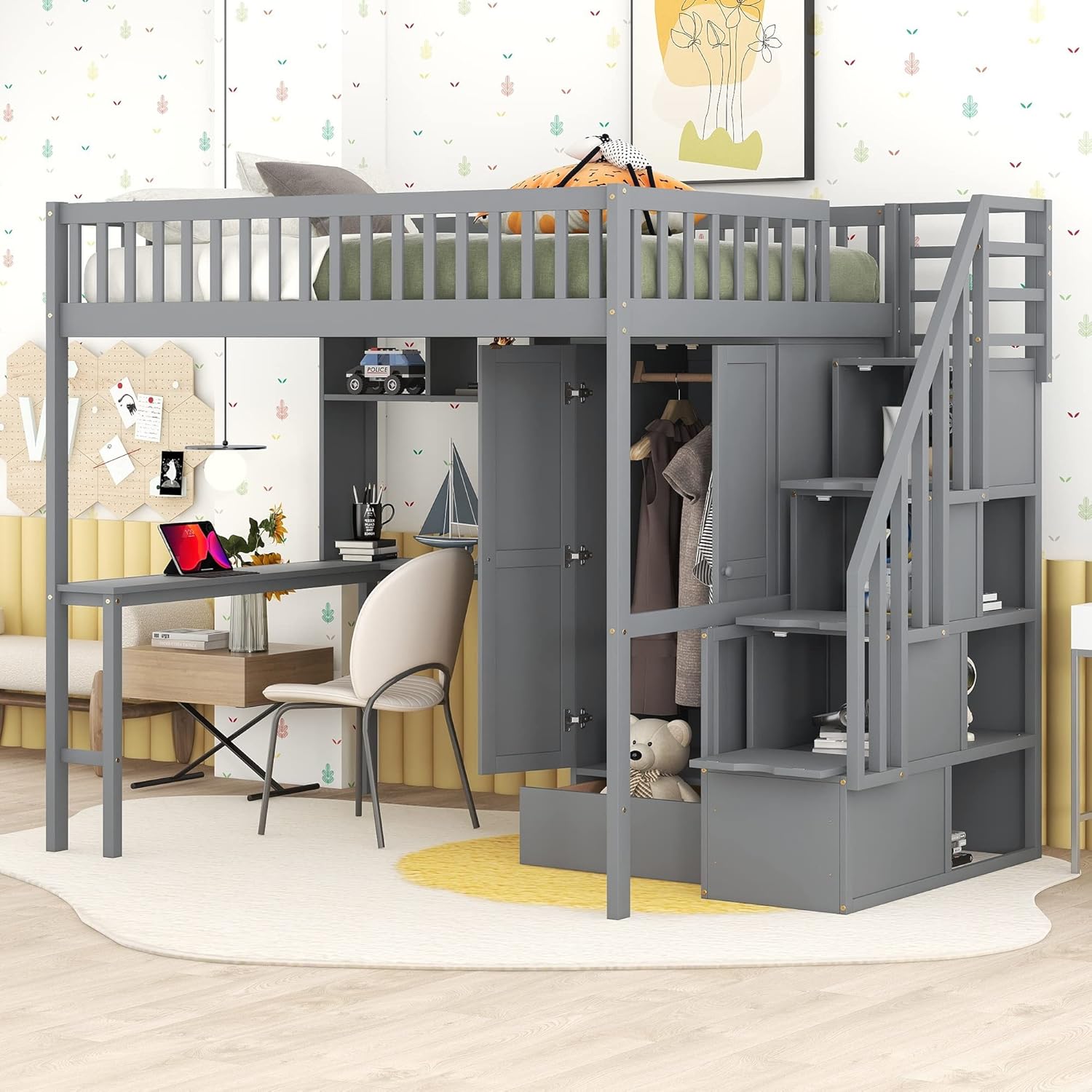 Full Size Loft Bed with Stairs, Desk, Bookshelf, Storage Drawers and Wardrobe, Solid Wood Frame Y463750
