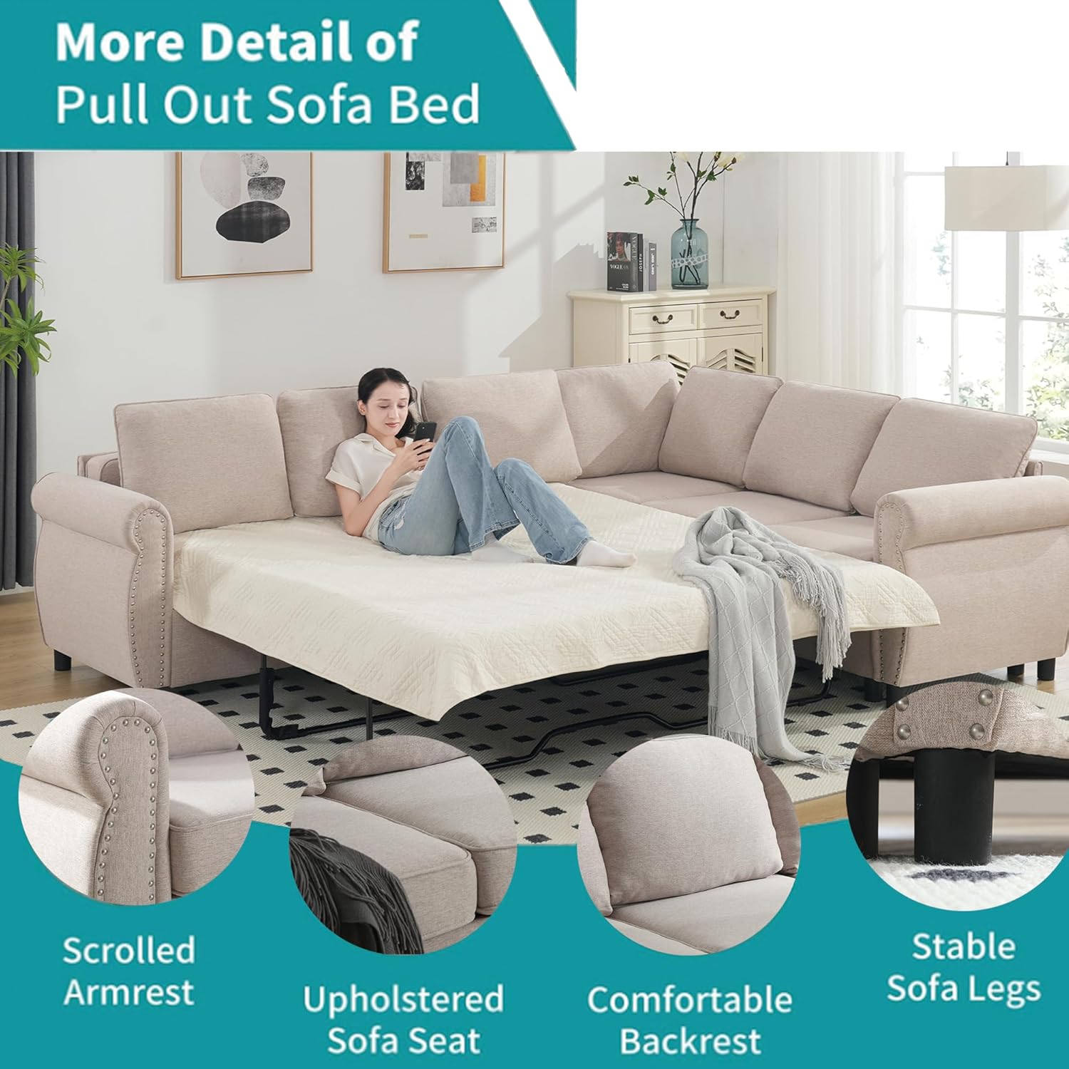 Modular Sectional Sleeper Sofa with Pull Out Bed, 6 Seater, Beige N245294