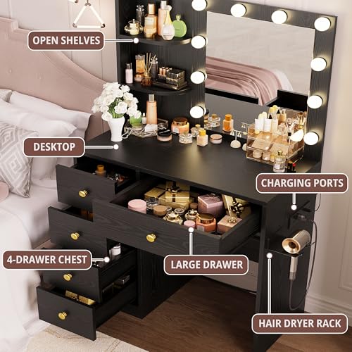 Vanity Desk with Mirror and Lights, 5 Drawers, Power Outlet, Stool C1758