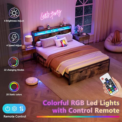 Vintage Brown Bed Frame with LED Light and Charging Station H930800