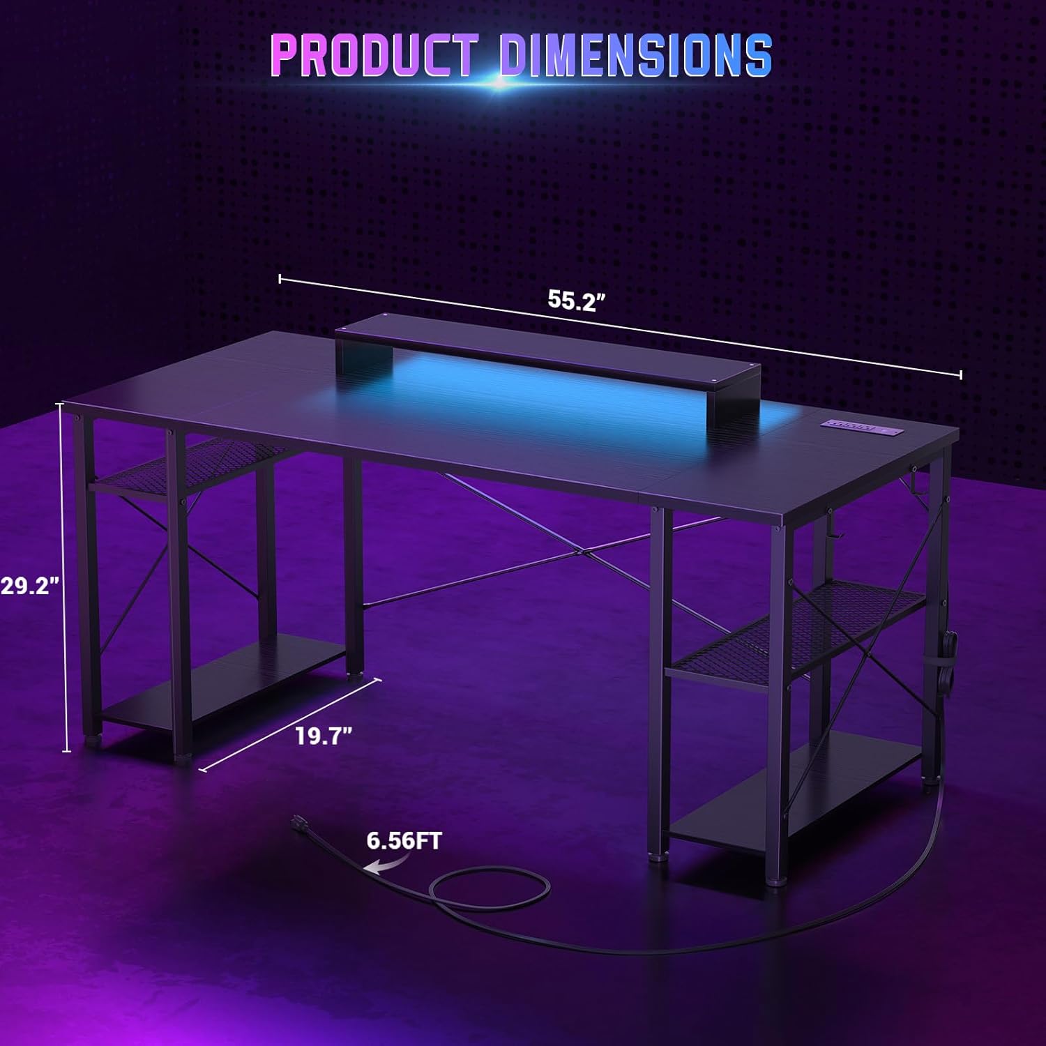Gaming Desk with LED Lights and Power Outlet H920899