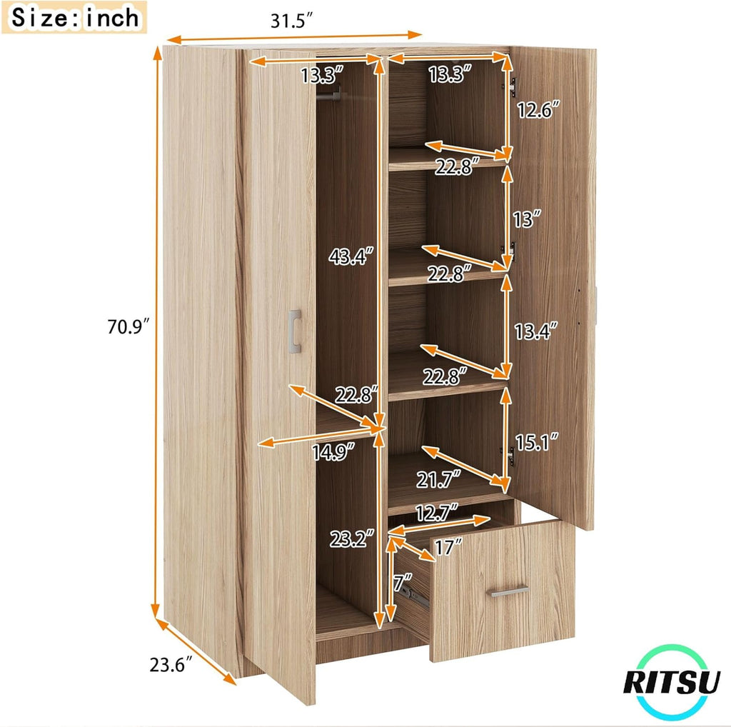 Freestanding 2-Door Wardrobe with 5 Shelves and Hanging Rod W76771
