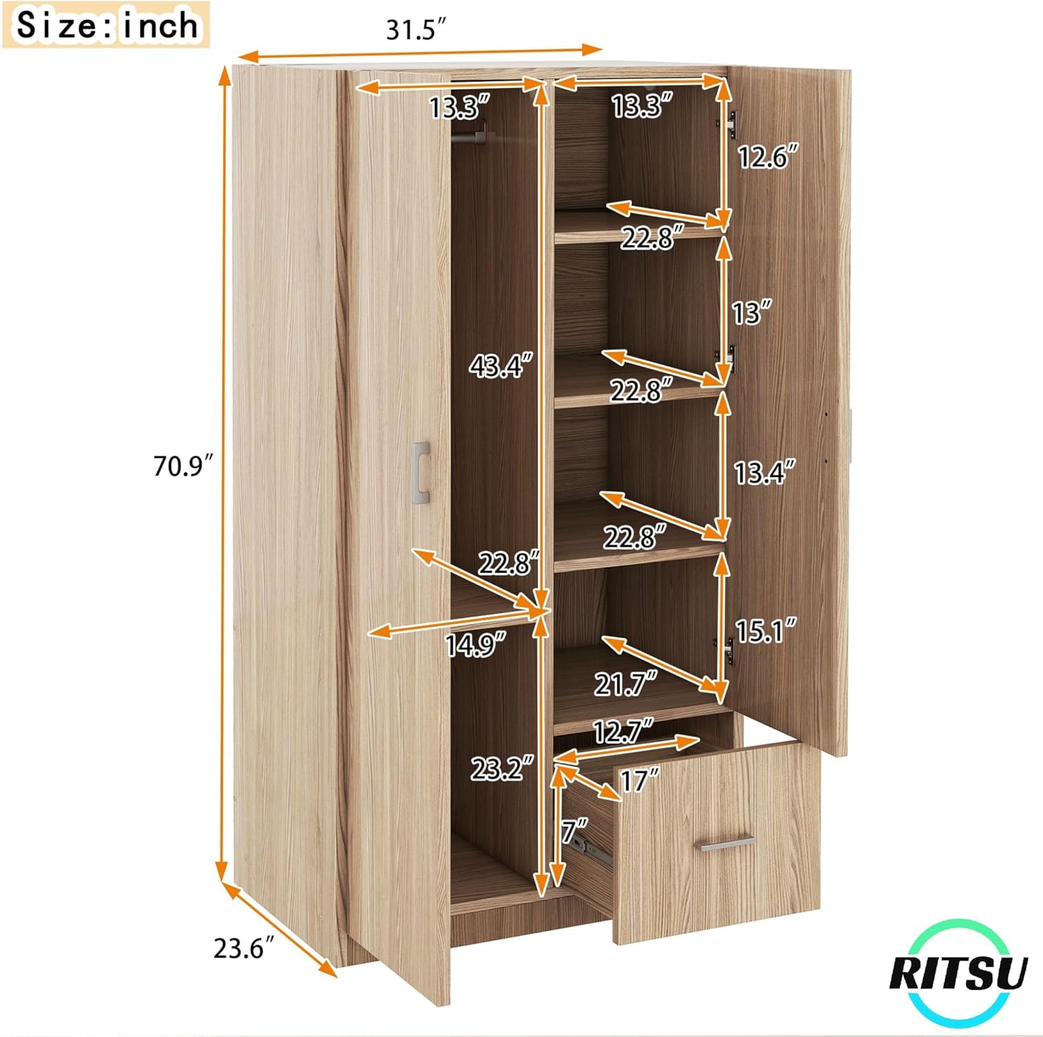 Freestanding 2-Door Wardrobe with 5 Shelves and Hanging Rod W76771