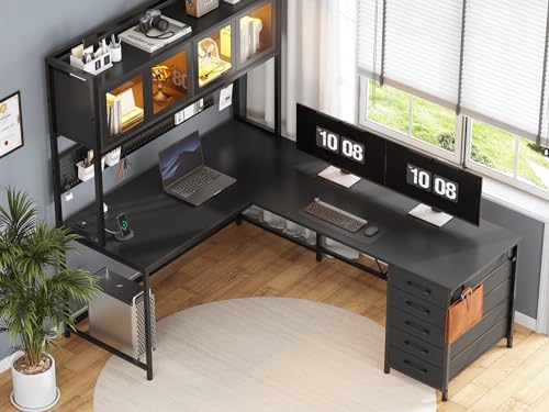L Shaped Gaming Desk with Drawers and Storage Shelves J4846