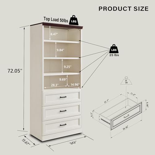 72" Tall Storage Cabinet with 3 Drawers & Adjustable Shelves, Antique White T23239