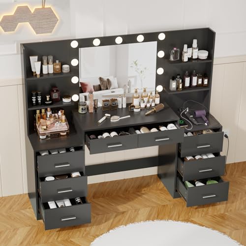 Large Vanity Desk with Mirror and Lights, White Makeup Vanity with Power Outlet, 8 Drawers U4403