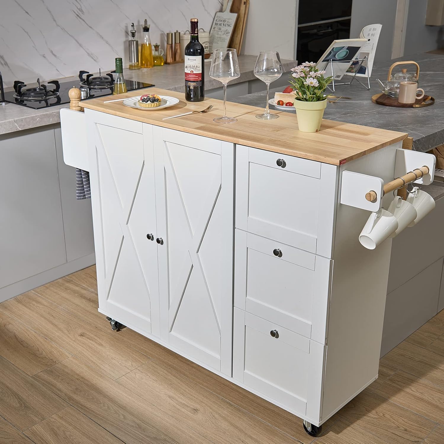 Kitchen Island Cart with Solid Wood Top, Rolling Storage Cabinet, White F7036