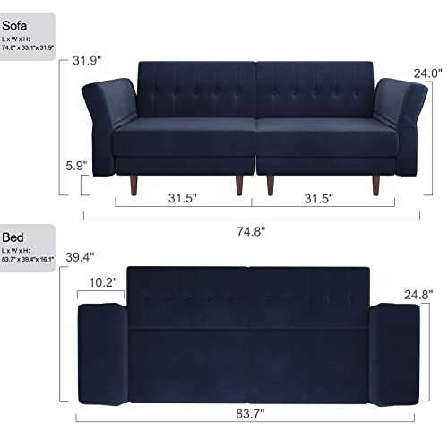 Velvet Convertible Futon Sofa Bed Memory Foam Navy Blue L914836
