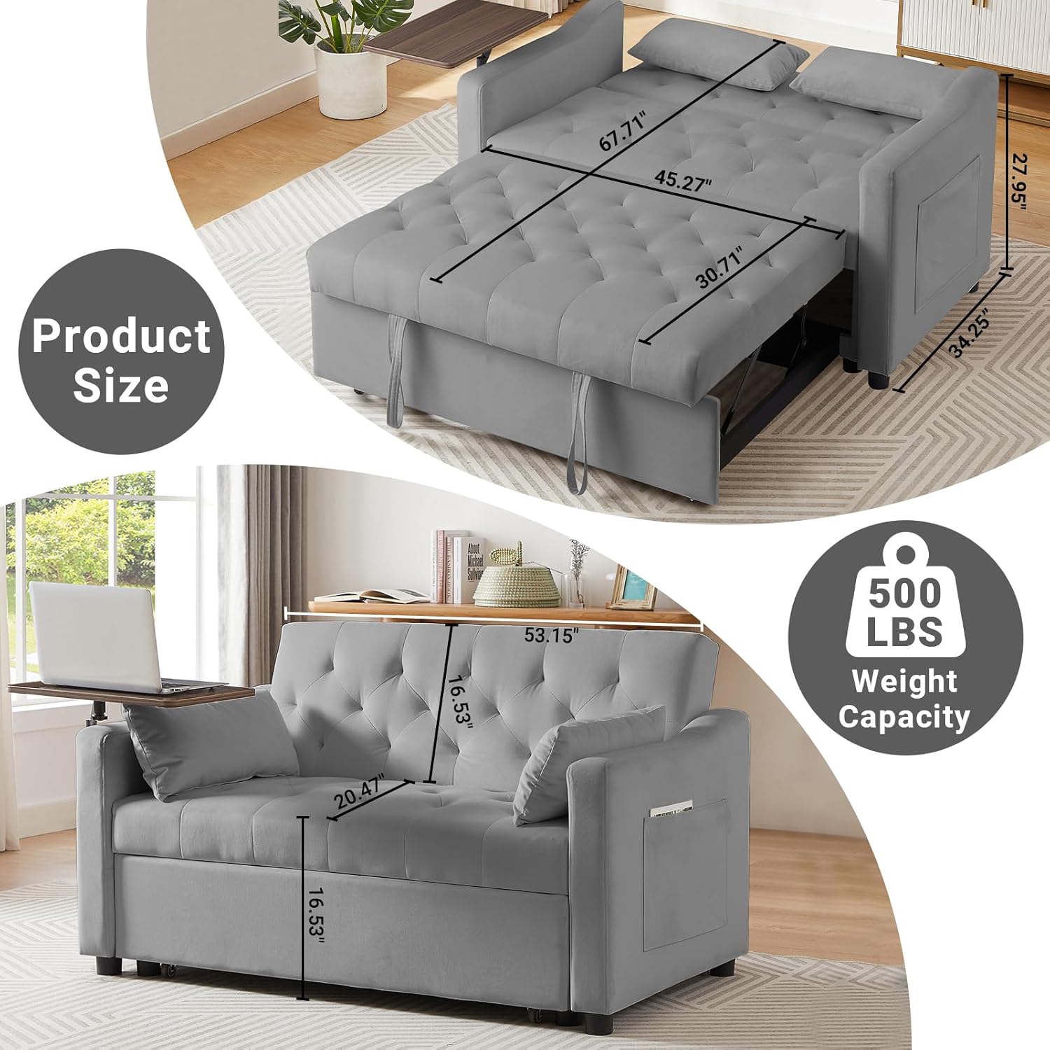 3-in-1 Convertible Sofa Bed with Adjustable Backrest and Storage, Gray V695