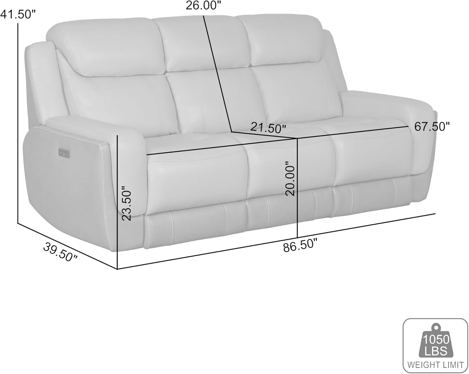 Modern Zero Gravity Power Reclining Sofa with Dropdown Console, 87" Wide, Silver and Gray Leather H4266