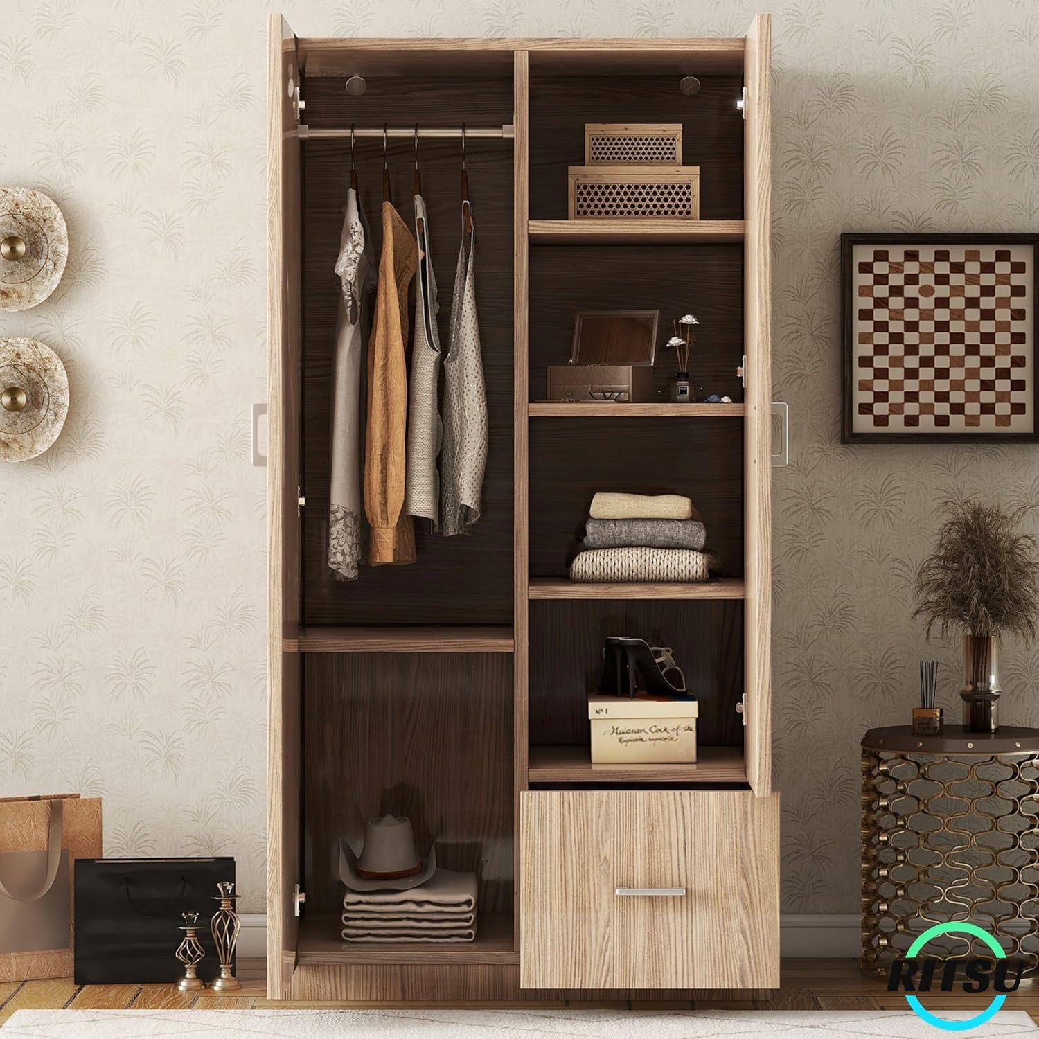 RITSU Armoire Wardrobe 2 Doors, Freestanding Clothes Cabinet w/ 1 Drawer, 5 Open Shelves and Hanging Rod, Versatile Wooden Storage Closets Organization for Bedroom, Natural, 31.5 Inch