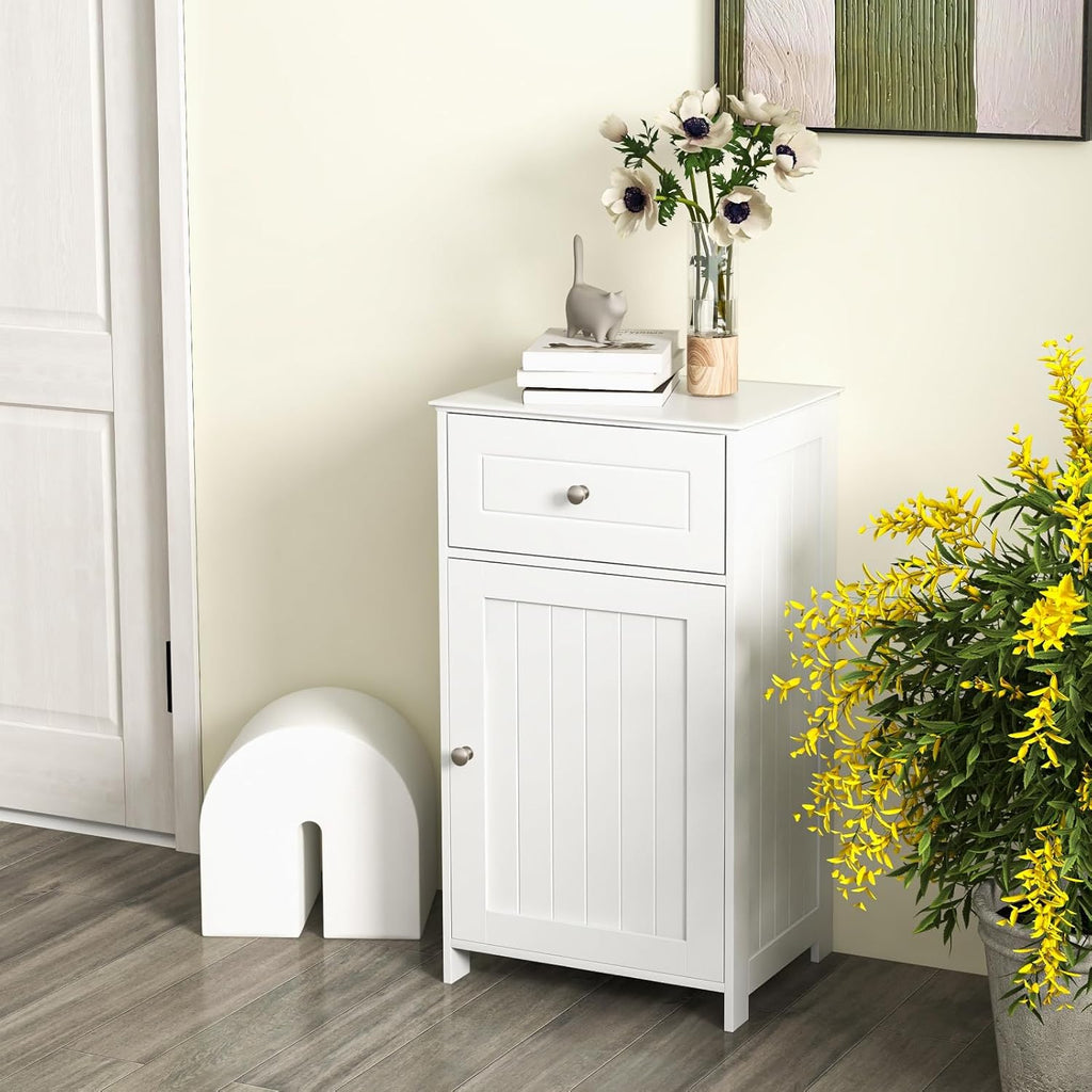 Narrow Bathroom Storage Cabinet, Wooden Freestanding with Drawer, 3-Level Adjustable Shelf H2991