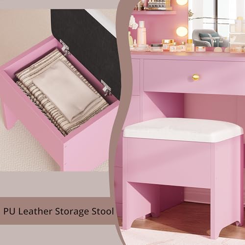 Vanity Desk with Mirror and Lights, 5 Drawers, Power Outlet, Stool C1758