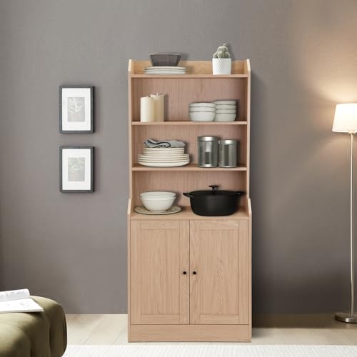 Sideboard Buffet Credenza Storage Cabinet with 3 Drawers and 3 Open Shelves, Natural Oak Q150