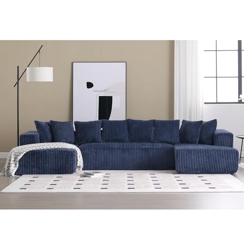 131" Modular Sectional Couch, Comfy Corduroy Striped Fabric Floor Sofa, Luxury U-Shape Sectional Sofa with Chaise Lounge, Free Combination Sleeper Sofa for Living Room, Apartment, Beige