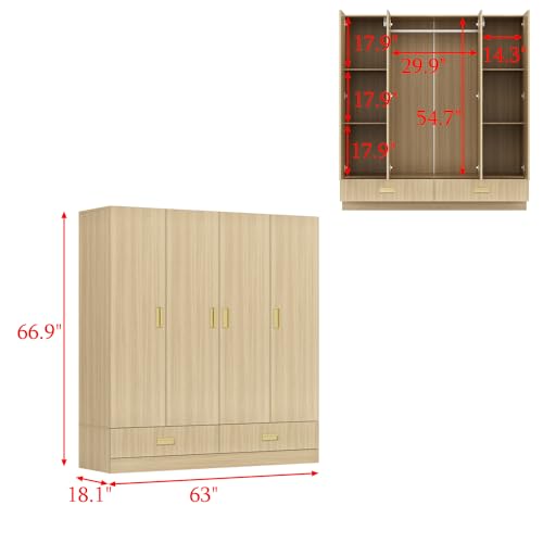 Modern Armoire Wardrobe Closet with 8 Doors and 2 Drawers, Light Brown Wood Grain E2835