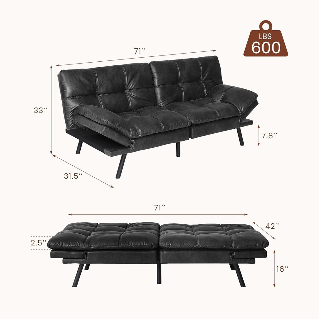 Leather Futon Sofa Bed for Living Room, Black E579