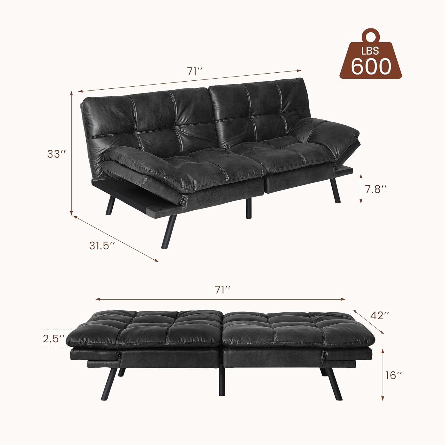 Leather Futon Sofa Bed for Living Room, Black E579